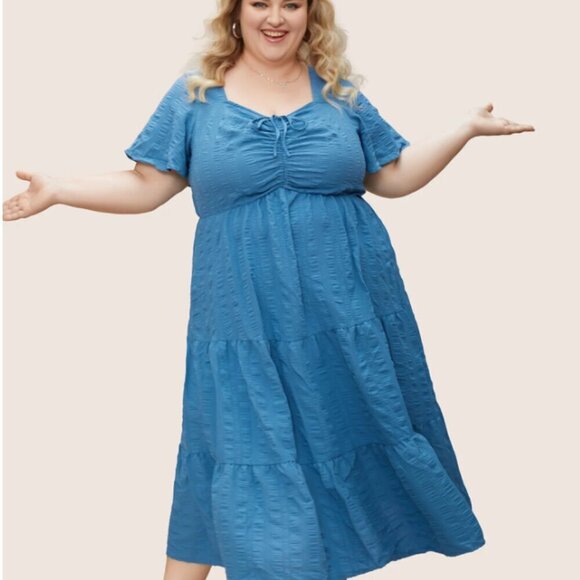 BloomChic Plus Size Plain Ruched Drawstring Pocket Ruffle Tiered Dress - Picture 4 of 6